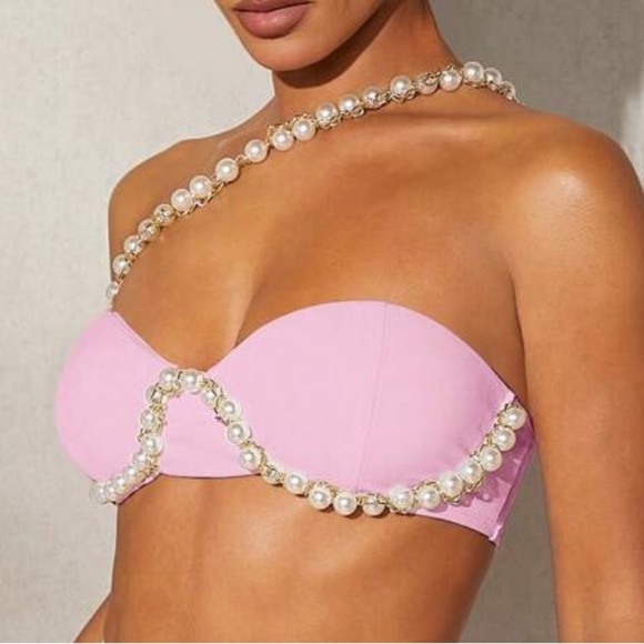 Pink Pearl-Embellished Women's Swim Top (I) - Picture 3 of 4